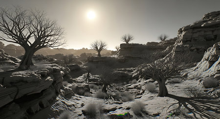 Fantasy alien planet. Mountain and tree. 3D illustration.の素材