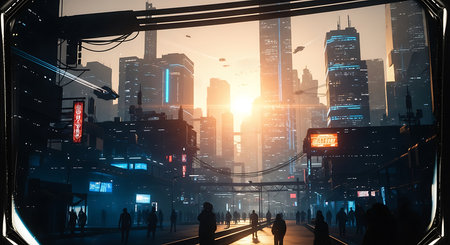 People walking on the street in the city at sunset. 3d renderingの素材