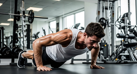 Muscular young man doing push-ups on the floor in the gymの素材