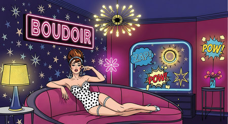 Retro girl on the couch in a nightclub. Vector illustration.の素材