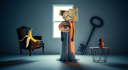 Fantasy illustration with an old key in the room. 3D renderingの素材