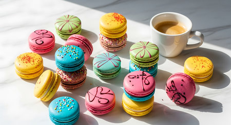 Colorful macaroons with coffee cup on white background, close upの素材
