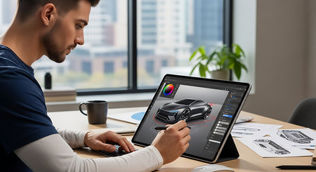 Healthy breakfast with toasts, avocado, berries and eggs on white wooden table, top viewの素材