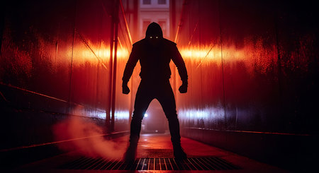 Silhouette of a hooded man standing in a dark corridor.の素材