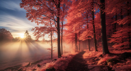 Autumn forest with fog in the morning. Beautiful nature scene.の素材