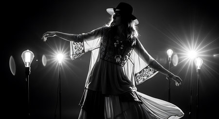 Female singer in a hat and dress dancing on stage. Black and whiteの素材