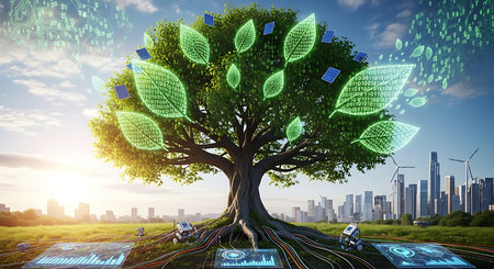 Black and white illustration of a tree with roots in the forest.の素材