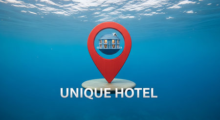 Underwater house with a red gps mark in the middle of the seaの素材