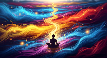 Silhouette of yoga man meditating in lotus position on abstract backgroundの素材