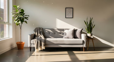 interior of modern bright room with grey sofa 3D rendering illustrationの素材