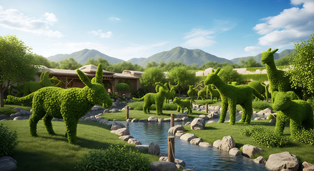 3d render of a garden with animals in the shape of a camelの素材
