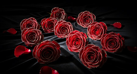 Beautiful red roses on black fabric background, valentines day conceptの素材