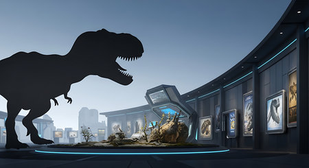 Digital composite of Dinosaurs in the museum against blue sky and cityの素材