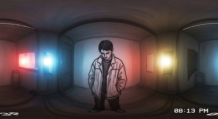 3d illustration of a man in an abandoned room with glowing lightsの素材