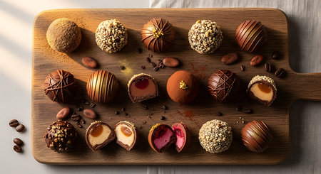Assortment of delicious chocolate candies on wooden board, top viewの素材