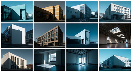 Collage of modern architecture in blue tones. 3D render.の素材