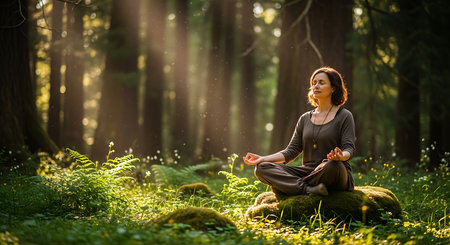 Young woman practicing yoga in the forest. Meditation and relaxation concept.の素材