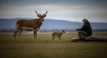 Antelope in the meadow with a man and a young antelopeの素材