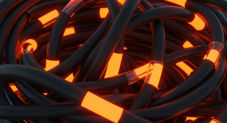 Futuristic 3d rendering of electric wires in orange light.の素材