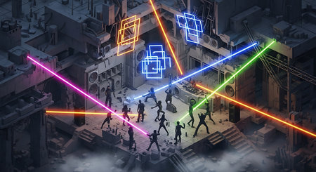 3d rendering of people on city street with colorful neon light linesの素材