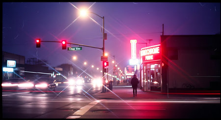 Night view of a city street with a neon sign and a pedestrian crossingの素材