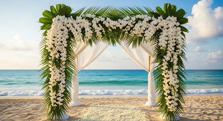 Wedding arch decorated with white flowers on a tropical beach.の素材