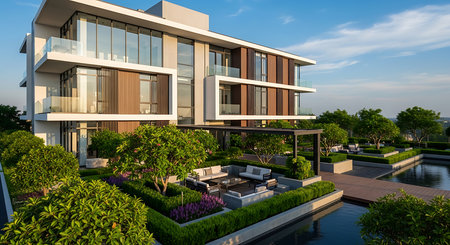 3d rendering of modern cozy house with pool and parking for sale or rent in luxurious style and beautiful landscaping on background. Clear summer evening with blue sky.の素材