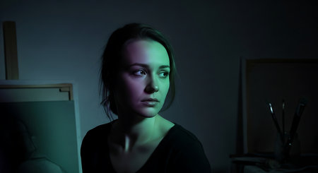 Portrait of a girl with long hair in a dark room.の素材