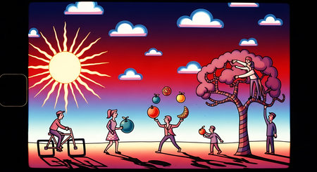 Illustration of a group of people having fun at a beach partyの素材