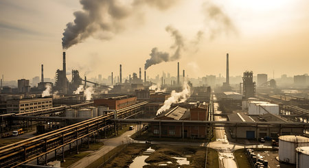 Industrial landscape with smokestacks in the morning, Moscow, Russiaの素材