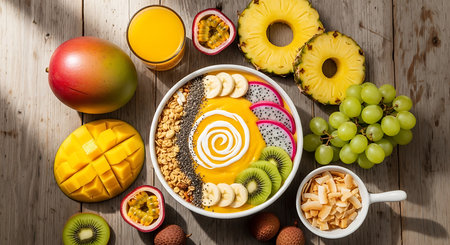 Healthy breakfast bowl with smoothies, mango, kiwi and dragon fruitの素材