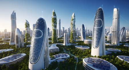 Future city concept. Skyscrapers with solar panels. 3D renderingの素材