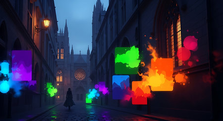 Conceptual image with a silhouette of a witch walking through the city.の素材