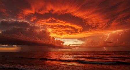 Dramatic sunset over the Baltic Sea with storm clouds and lightningの素材