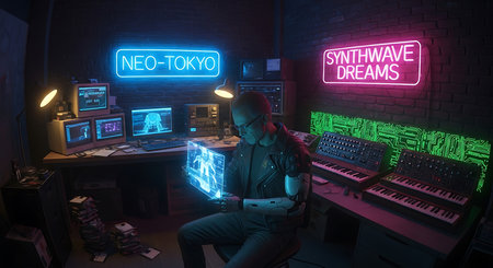 Cyberpunk gamer playing online video games. Dark room with neon lights.の素材