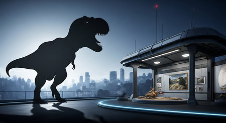 Tyrannosaurus rex in front of a gas station.の素材