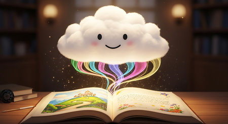 Opened book with funny cloud and colorful fairy lights on dark backgroundの素材
