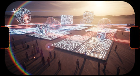 Futuristic city with people and binary code. 3D renderingの素材