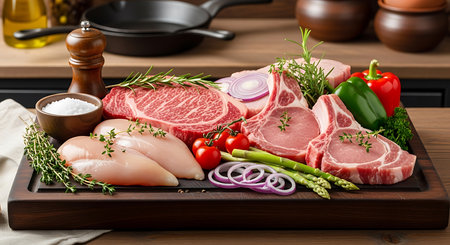 Raw meat with vegetables and spices on a wooden board. Selective focus.の素材