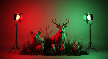 3D rendering of a group of deer in front of a red backgroundの素材