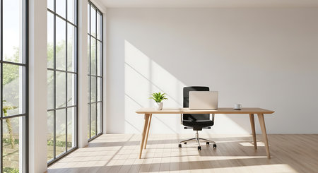 Interior of modern office with white walls, wooden floor, comfortable computer table and panoramic window. 3d renderingの素材