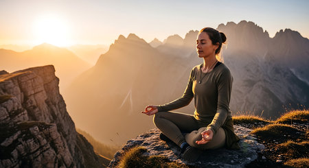 Young woman meditating in yoga pose on top of a mountain.の素材