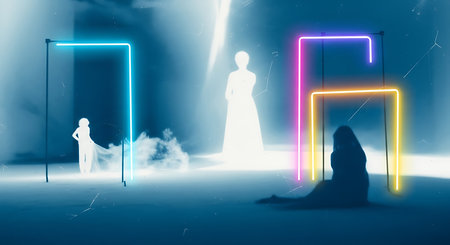 Silhouette of a woman in front of a neon door.の素材