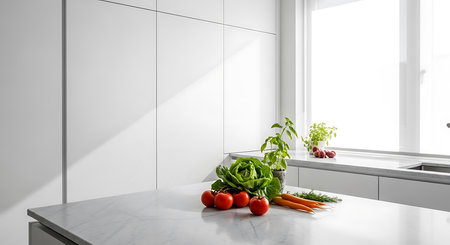 Interior of modern kitchen with white walls, concrete floor, white countertops and white cupboards. 3d renderingの素材