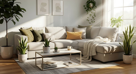 modern bright interiors living room 3D rendering illustration computer generated imageの素材