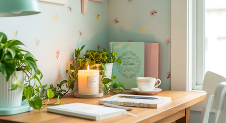 Cozy home office with a cup of coffee, a book, stationery and plants.の素材