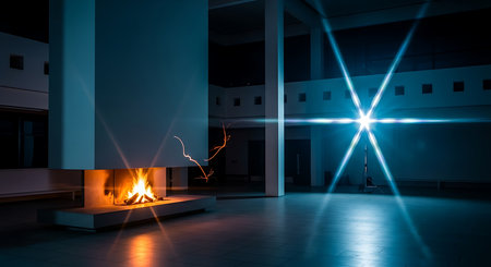 Fireplace in the office building at night with a bright blue lightの素材