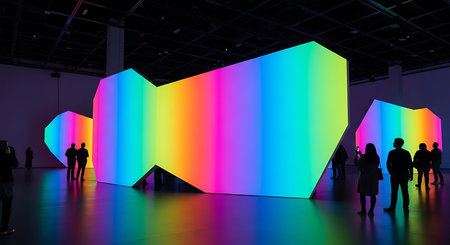 People in front of a wall with an abstract rainbow design. 3D renderingの素材