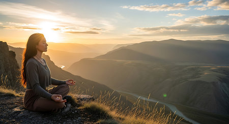 Young woman meditating in lotus position on top of a mountain during sunriseの素材