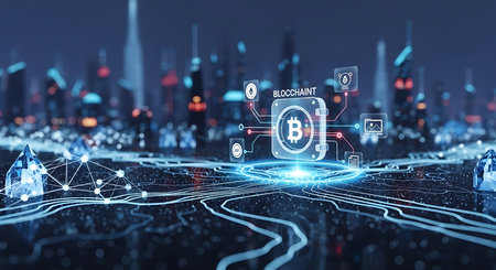 Cryptocurrency hologram on city background 3D rendering toned image double exposureの素材